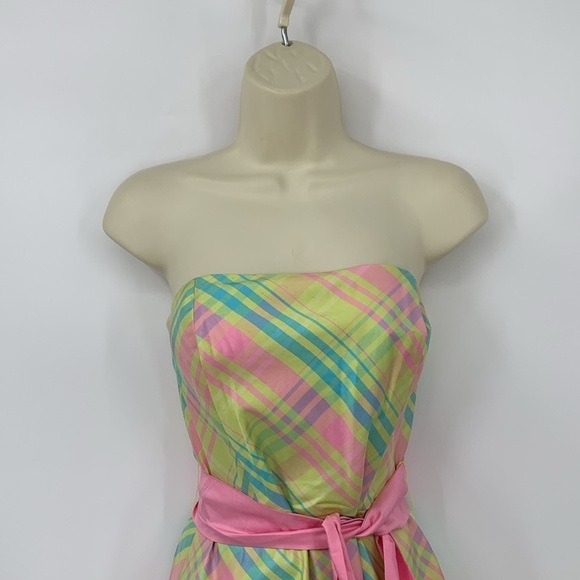 Lilly Pulitzer Sienna silk taffeta plaid strapless dress green pink fit flare 4 - Picture 2 of 4